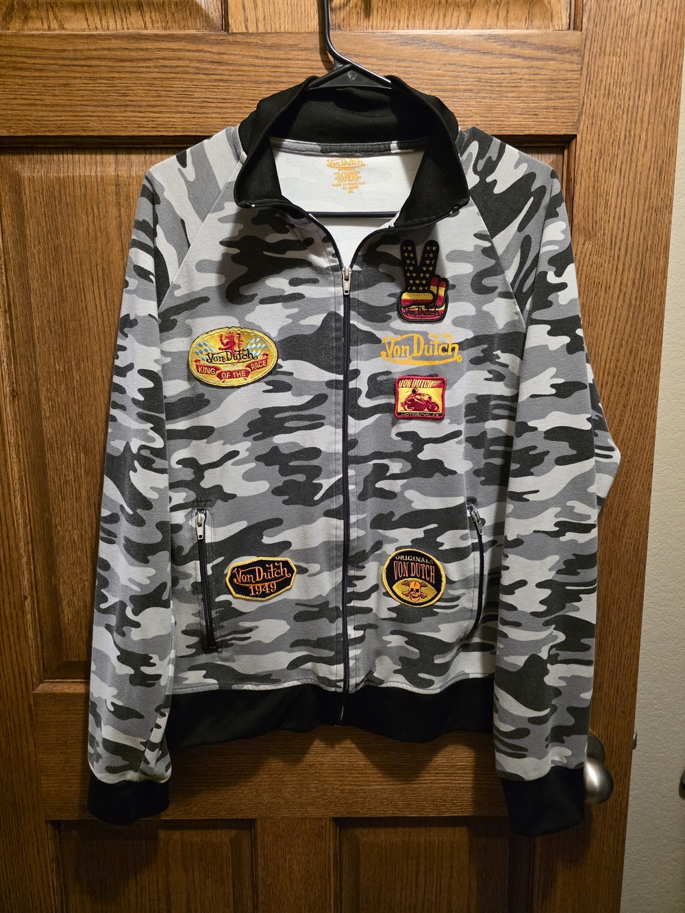 Von Dutch Gray & Black Camo Patch Zip-Up Jacket